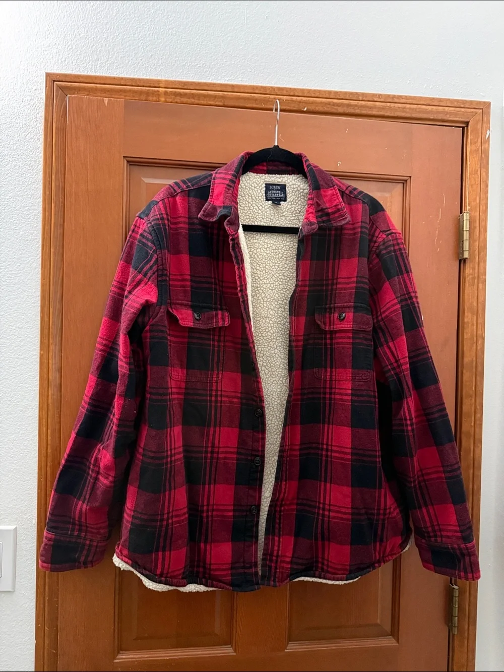 J. Crew Red and Black Plaid Sherpa-Lined Shirt Jacket